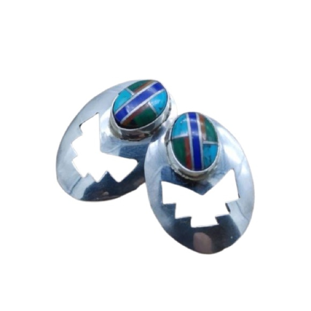 Native American Navajo Inlaid Silver Earrings Artisan Made